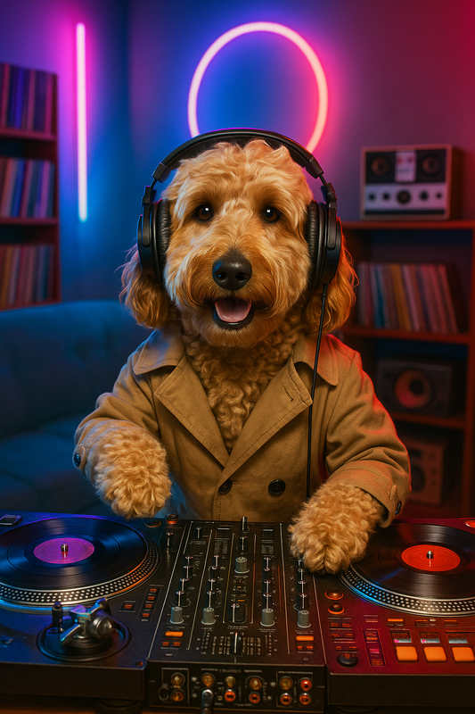 Dog wearing headphones and a coat, sitting behind a DJ turntable setup with neon lights in the background.