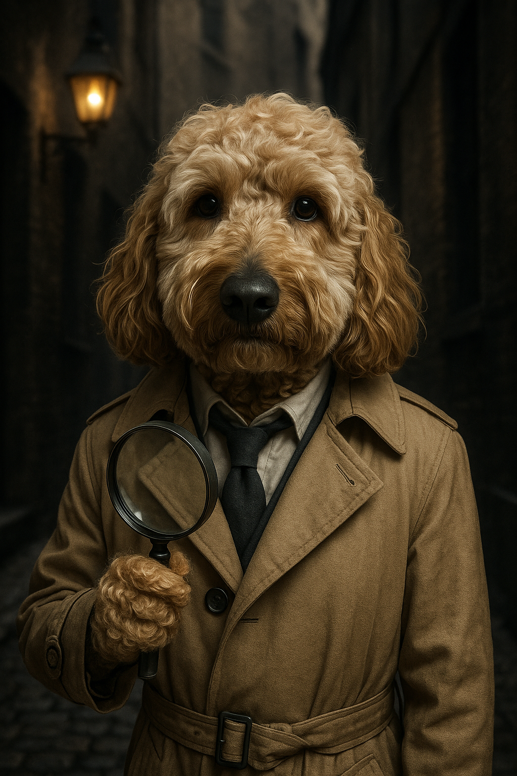 Dog in a detective outfit with a magnifying glass against a dark background