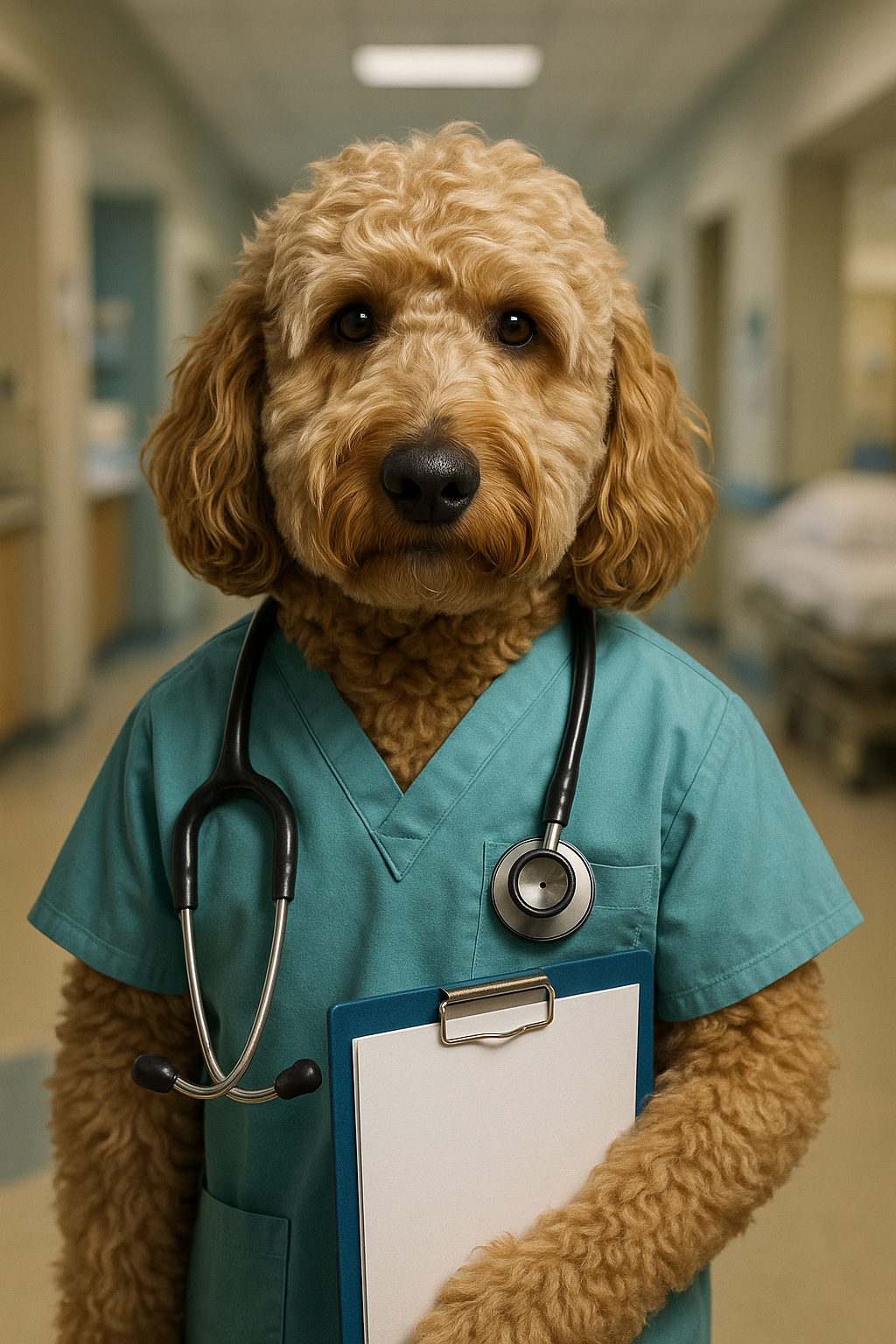 Dog in a hospital clinic wearing teal scrubs with a stethoscope and clipboard.