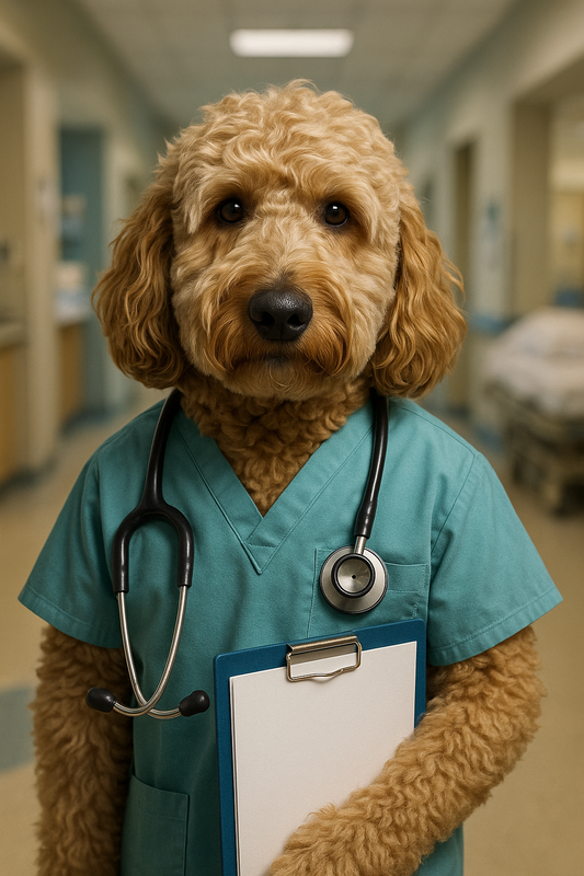 Dog in a hospital clinic wearing teal scrubs with a stethoscope and clipboard.