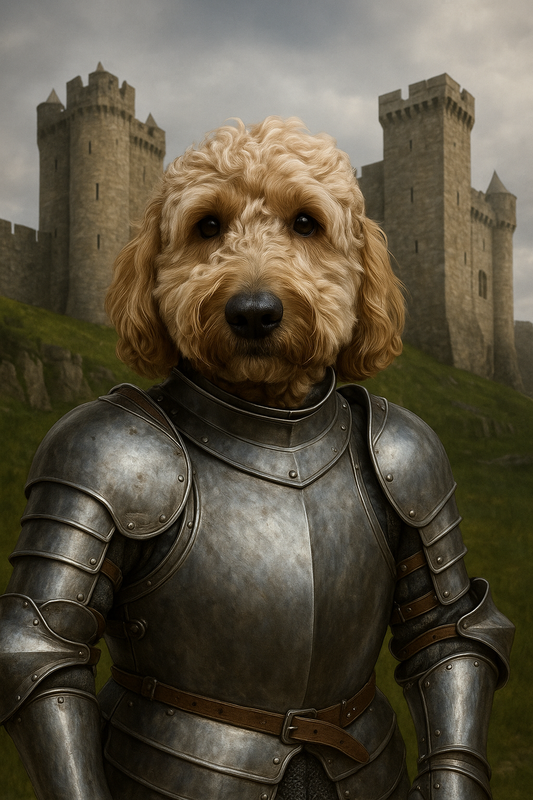 Dog in armor standing in front of a castle. Pet owner gift idea.