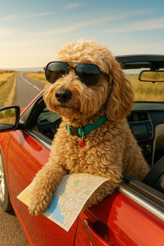 Dog wearing sunglasses and holding a map, sitting in a car with a scenic road in the background. Pet owner gift idea.