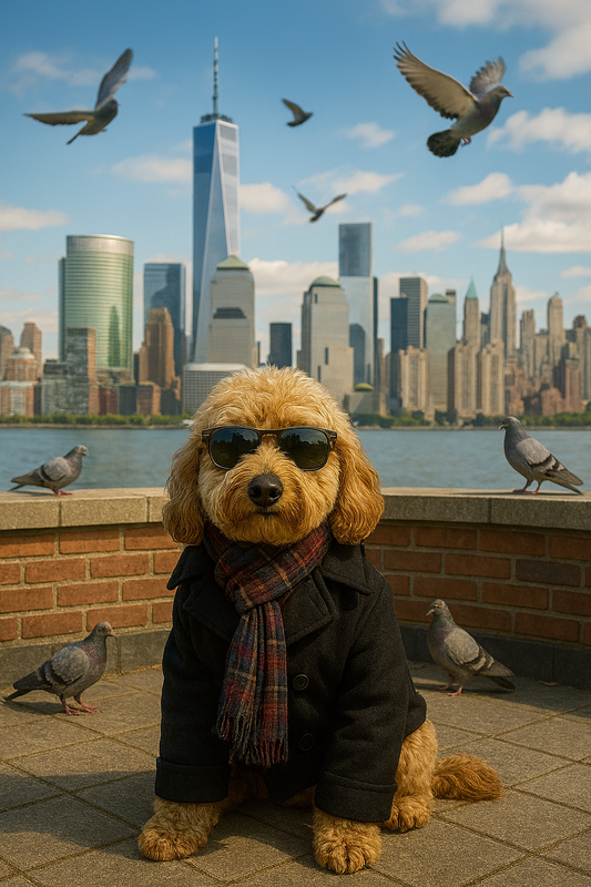 Dog in a coat and sunglasses with a city skyline and birds in the background. Pet owner gift idea.
