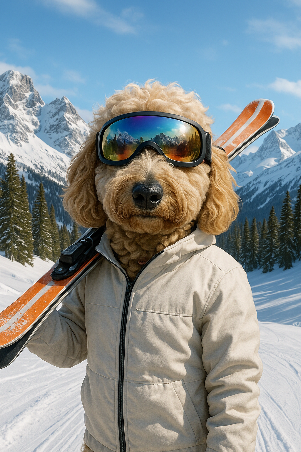 Dog wearing goggles and a jacket with skis, standing on snow with mountains in the background