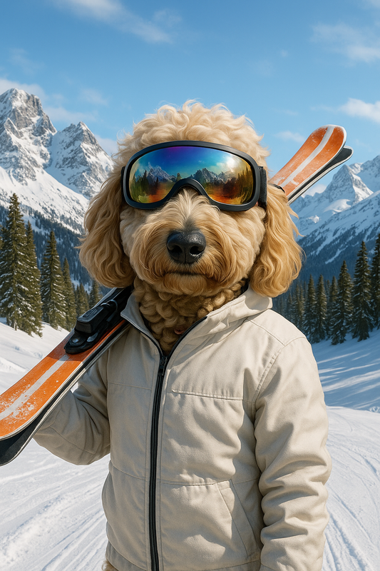 Dog wearing goggles and a jacket with skis, standing on snow with mountains in the background