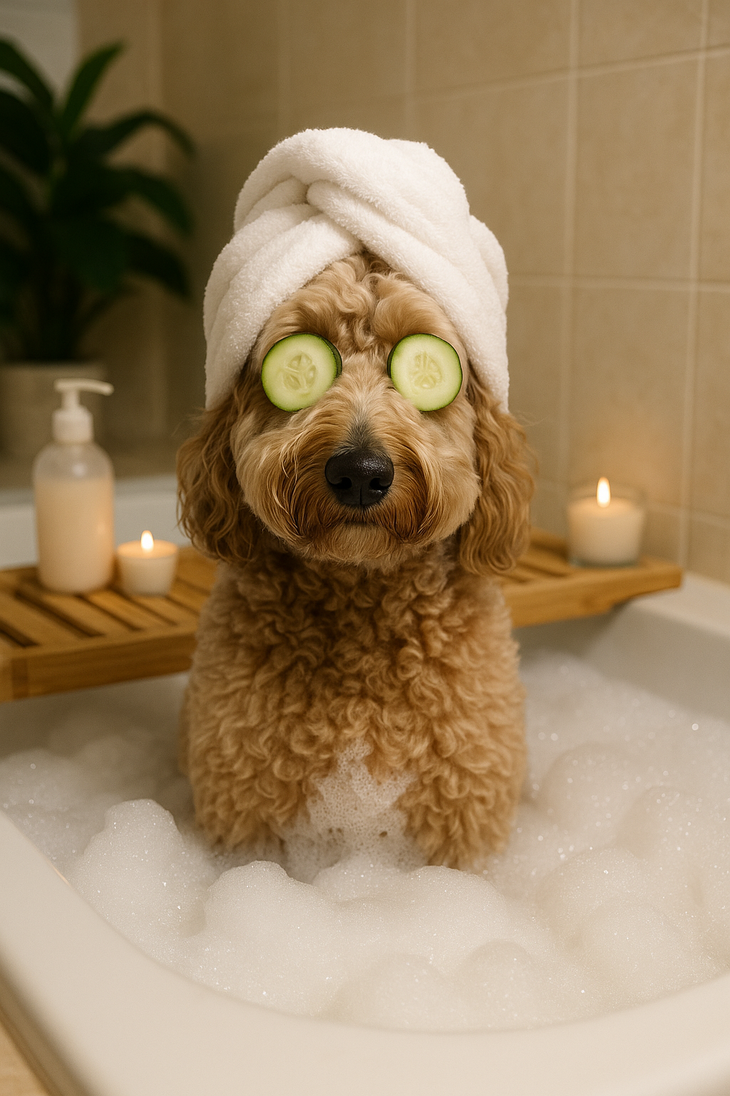 Dog in a bubble bath with cucumbers on eyes, towel on head, in a bathroom setting. Pet owner gift idea.