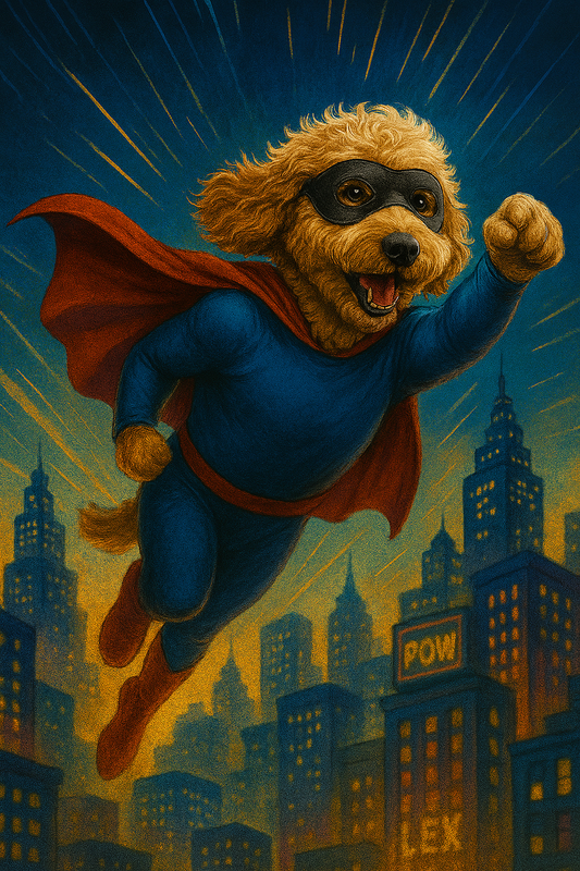 Superhero dog with a cape flying over a cityscape at night. Pet owner gift idea.