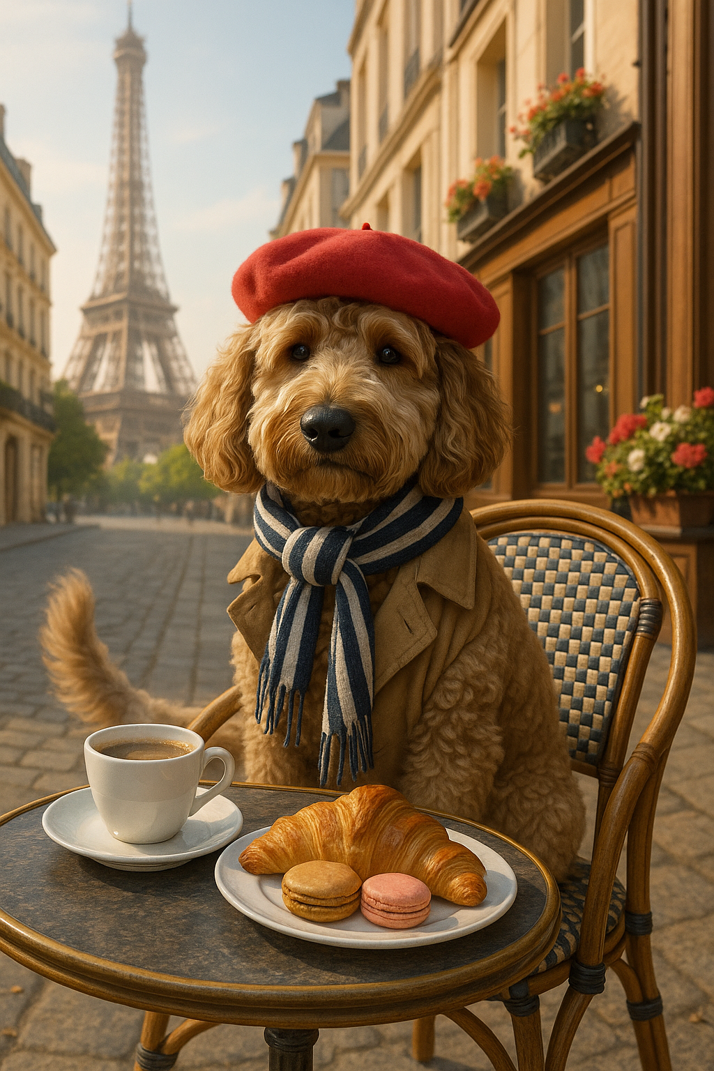 Dog in a red beret and scarf sitting at a Parisian café table with coffee, croissant, and macarons, Eiffel Tower in the background. Pet owner gift idea.