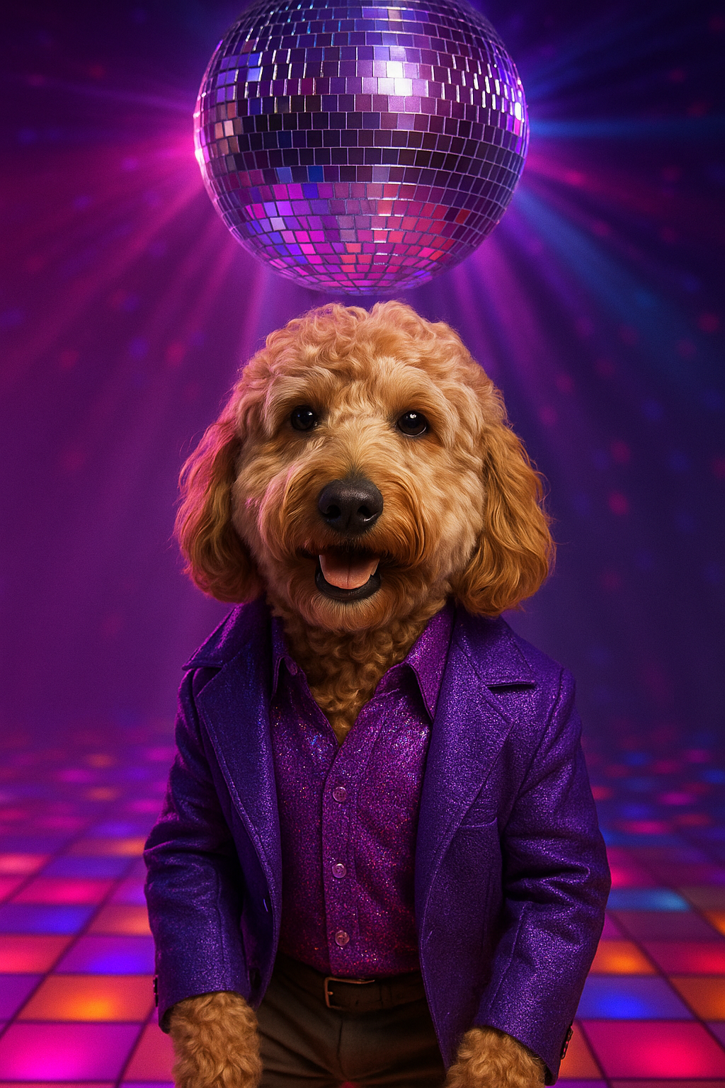 Dog in a purple suit with a disco ball above its head on a vibrant purple background. Pet owner gift idea.