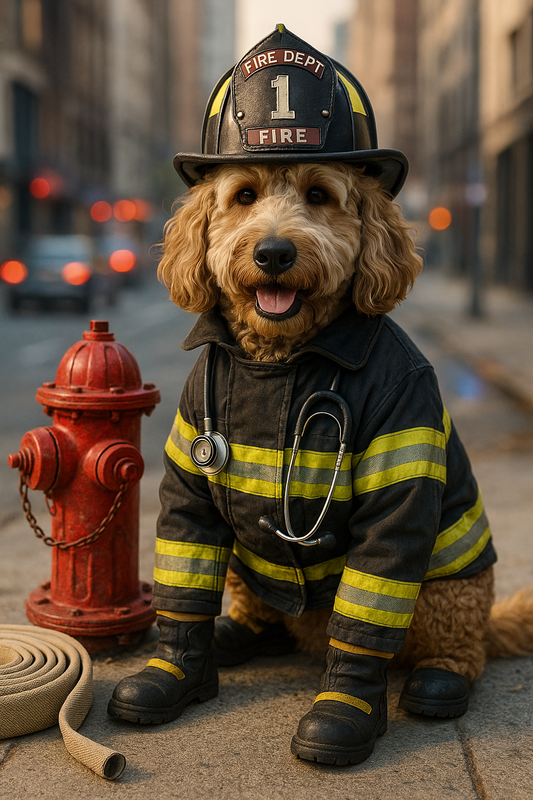Dog in a firefighter costume standing next to a fire hydrant on a city street.