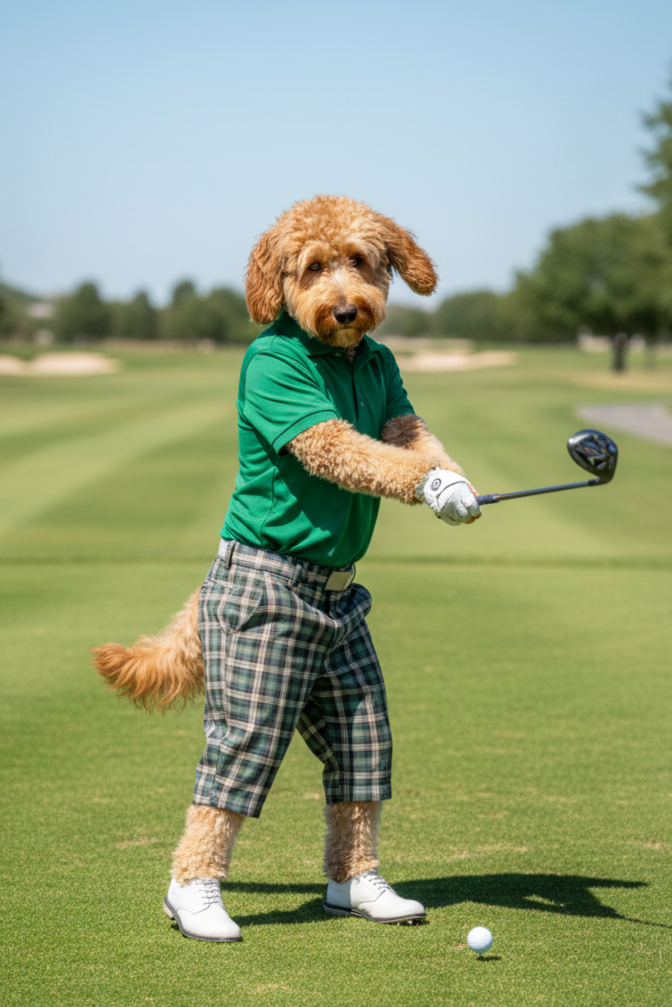 Dog in a green shirt and plaid shorts playing golf on a grassy field.