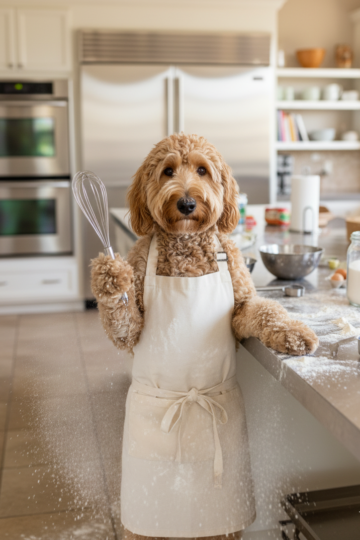 Dog in a kitchen wearing an apron and holding a whisk. Pet owner gift idea.