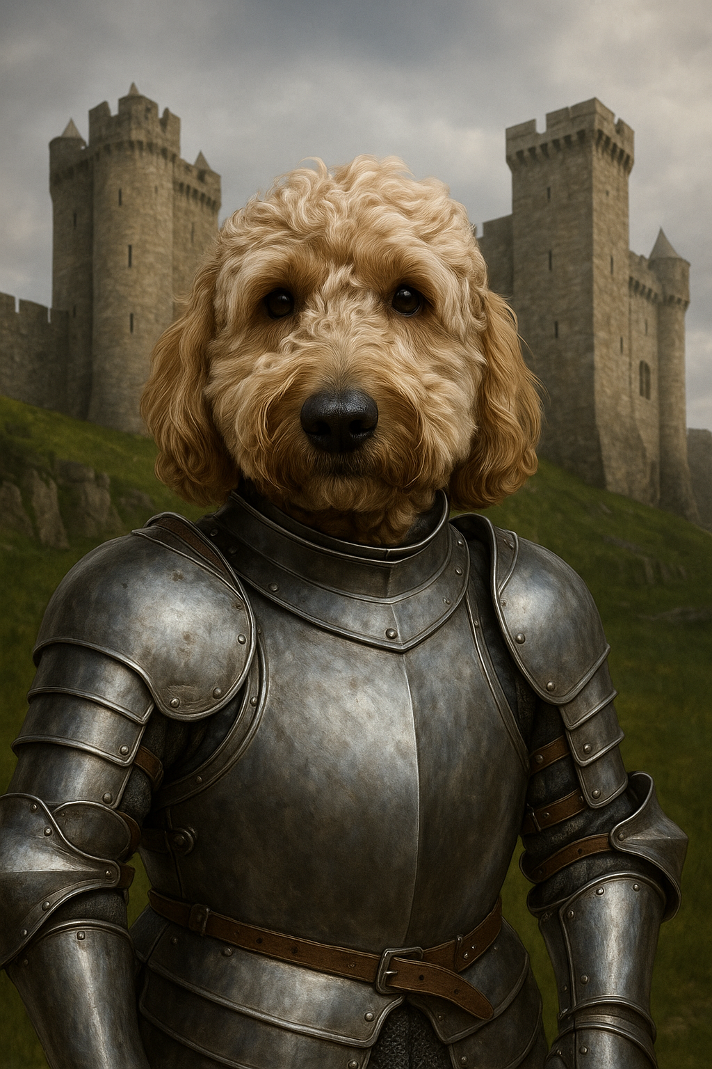 Dog in armor standing in front of a castle. Pet owner gift idea.