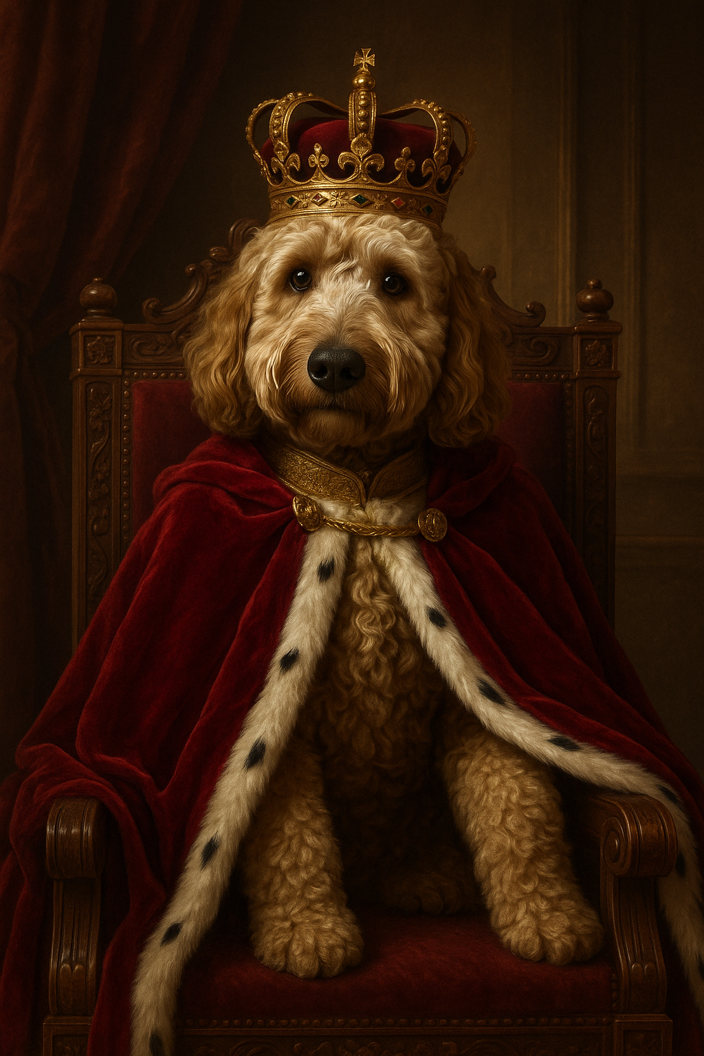 Dog wearing a crown and red cape sitting on a throne-like chair. Pet owner gift idea.