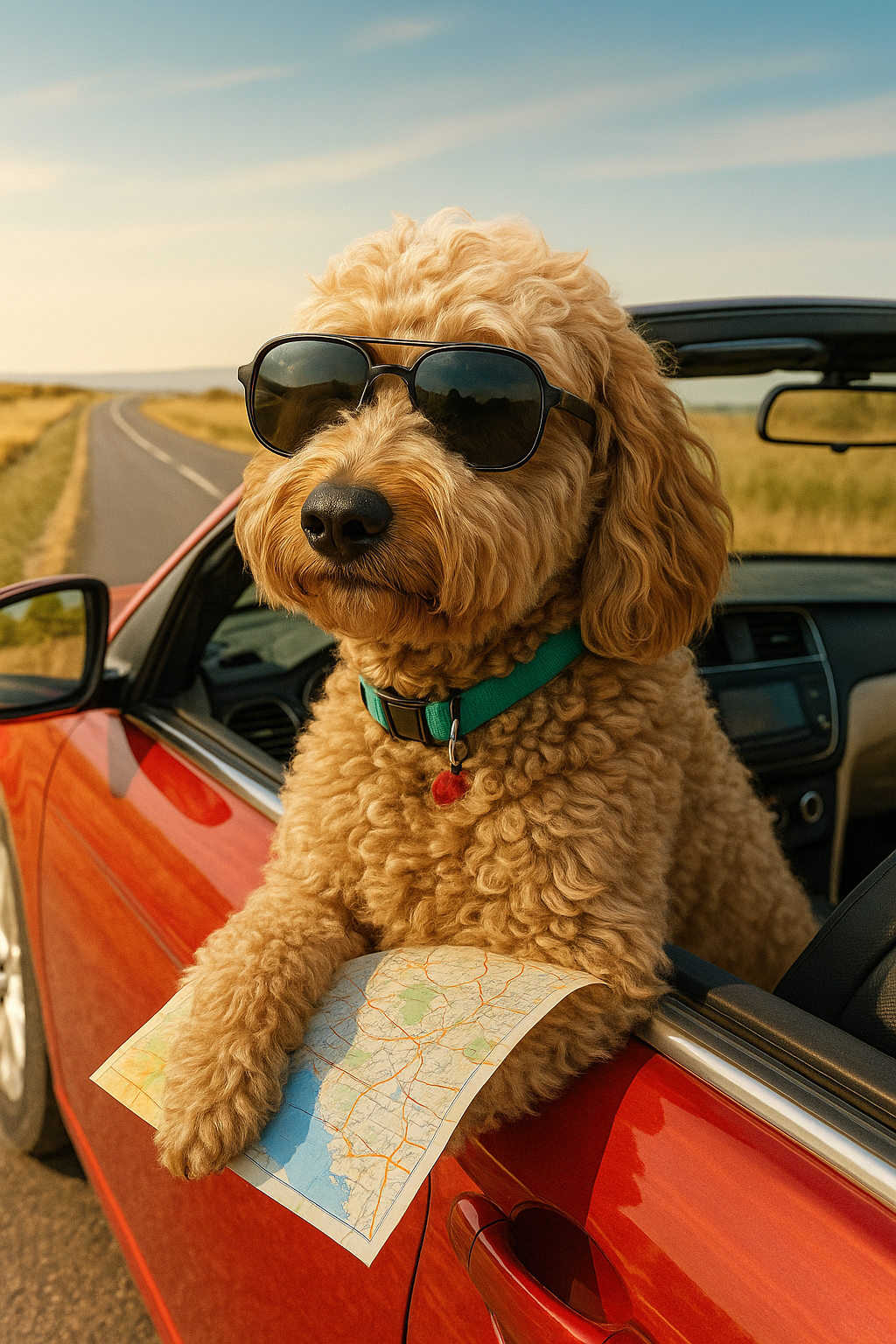 Dog wearing sunglasses and holding a map, sitting in a car with a scenic road in the background. Pet owner gift idea.