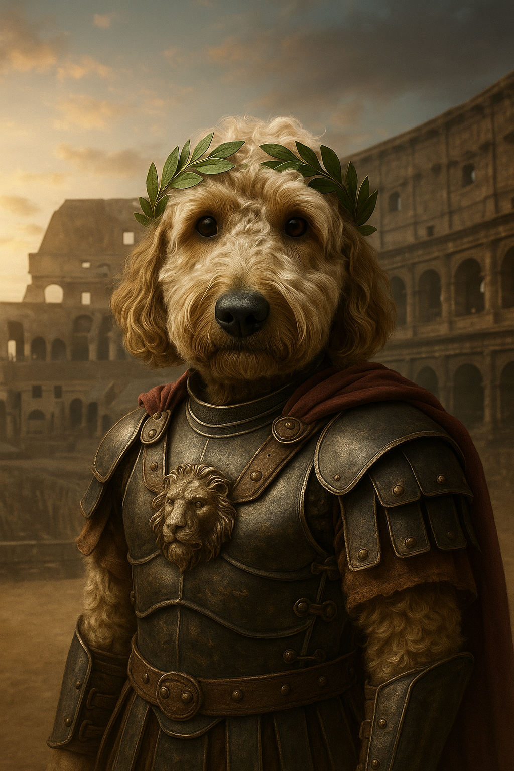 Dog in Roman armor with Colosseum in the background. Pet owner gift idea.