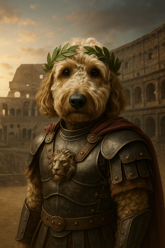 Dog in Roman armor with Colosseum in the background. Pet owner gift idea.