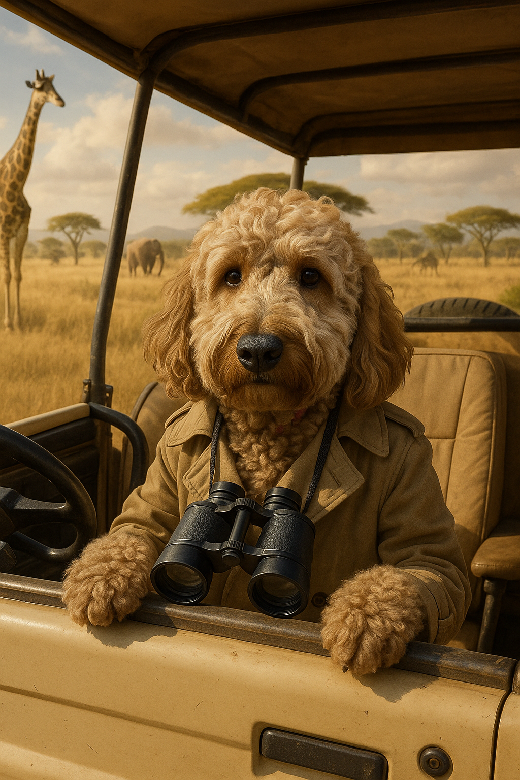 Dog in a safari outfit with binoculars inside a vehicle on a savannah