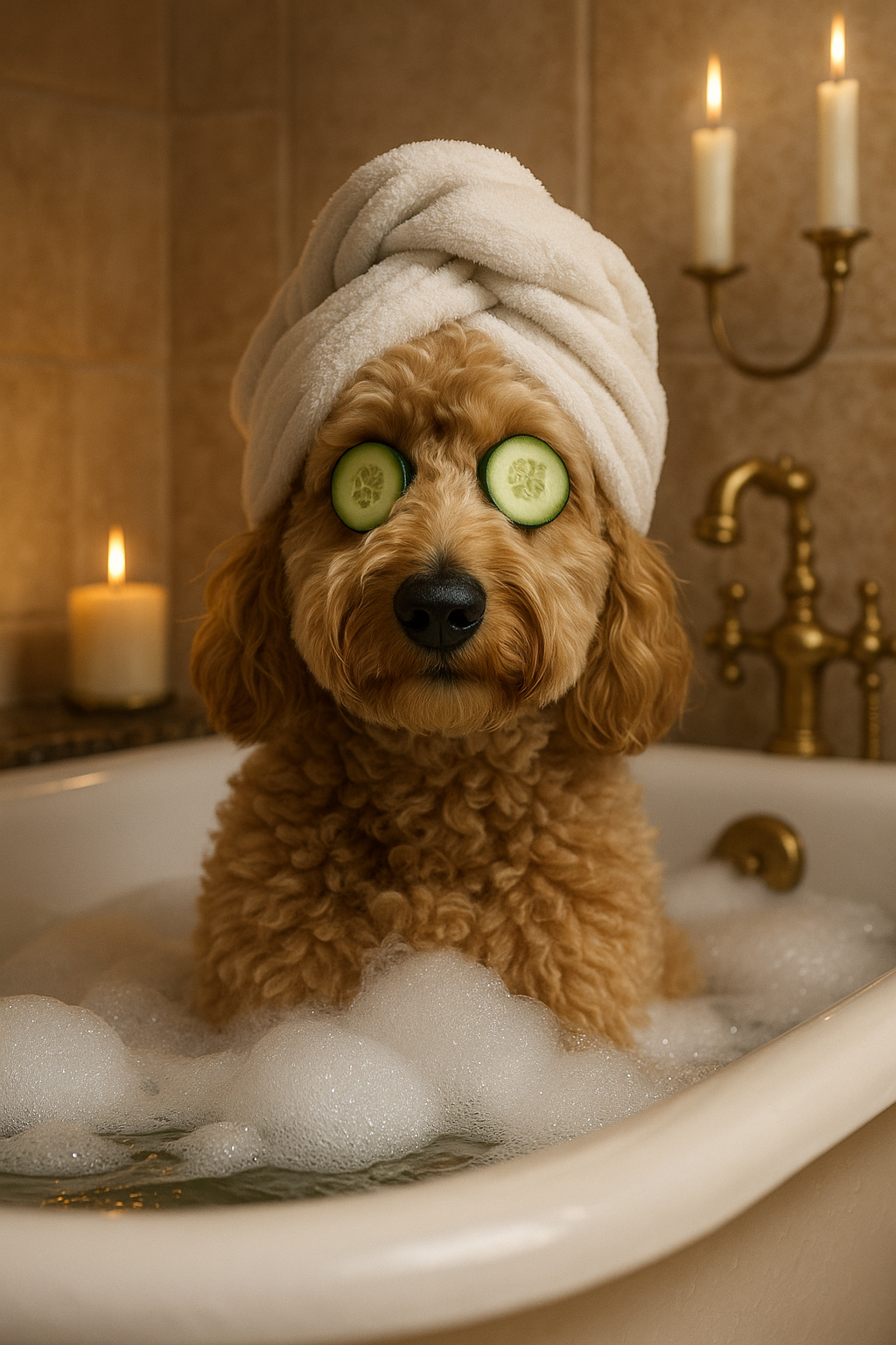 Dog with cucumbers on eyes sitting in a bubble bath, towel on head, candles and faucet in background. Pet owner gift idea.